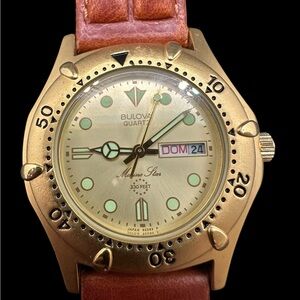Bulova Marine Star Gold-Tone Watch with Brown Strap. Brand new, old stock.